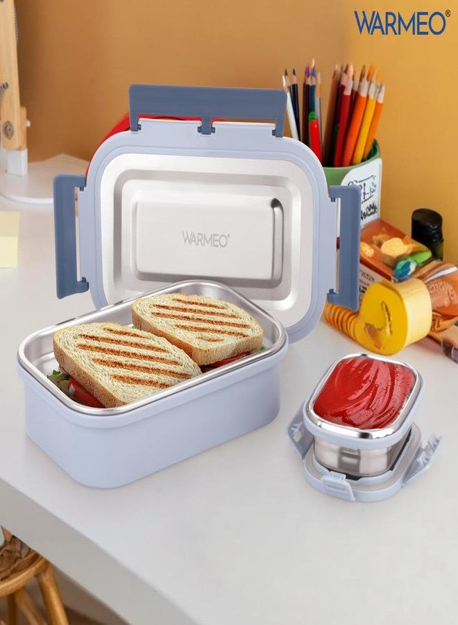 WARMEO علبة طعام وارميو ديلايت المعزولة المصنوعة من الفولاذ المقاوم للصدأ، محكمة الإغلاق، مانعة للتسرب، مزودة بغطاء بمشبك قفل، خفيفة الوزن، سهلة التنظيف، مثالية للمكتب والمدرسة والنزهات والسفر، عبوة مزدوجة (800 مل + 150 مل)، أزرق ورمادي - Image 2